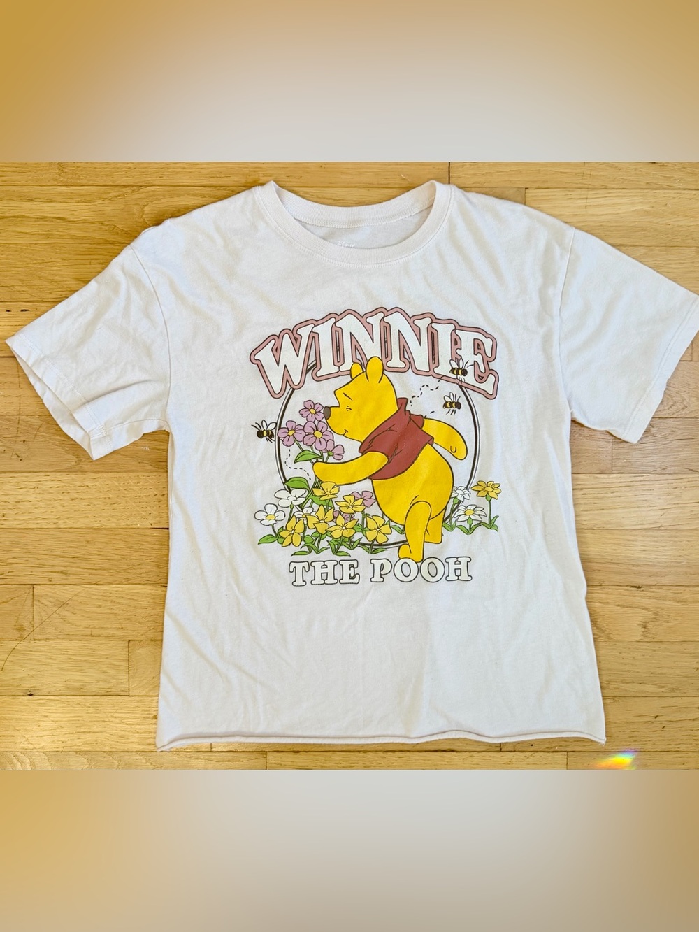 Disney Winnie the Pooh Floral Graphic Baby Tee Women’s Small Cream